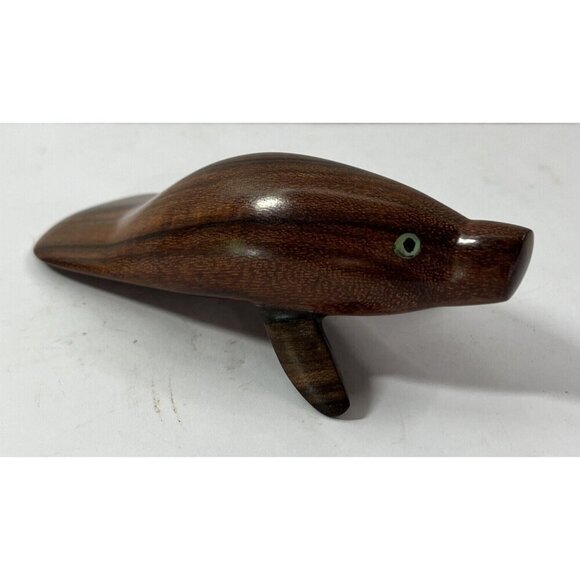 Vintage Hand Carved Green Eyes Wooden Manatee Figurine Sculpture Ocean W… - Picture 2 of 9